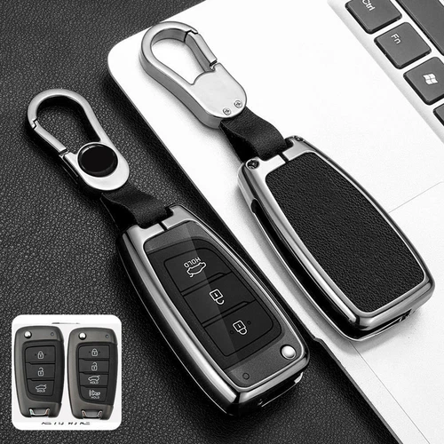 For Hyundai Accent Kona Sonata i30 Zinc Alloy Leather Remote Key Fob Case Cover - Foto 12 di 20