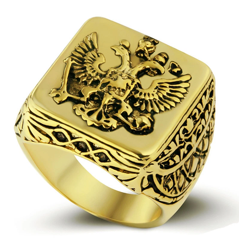 Brass Vintage Style Gold Color Men's Eagle Ring Engraved Square Top Size 12 M35 Foto 2 de 3