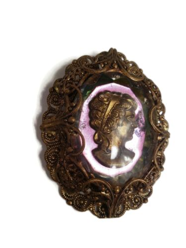 Made in West Germany Goofus Glass Filigree Brooch - image 1