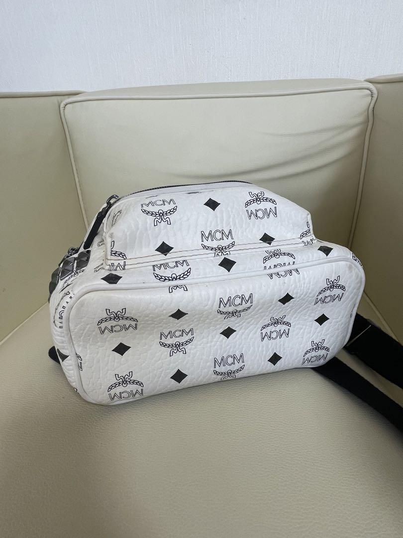 MCM Mini Backpack Visetos Pattern White Black Metal Logo Plate