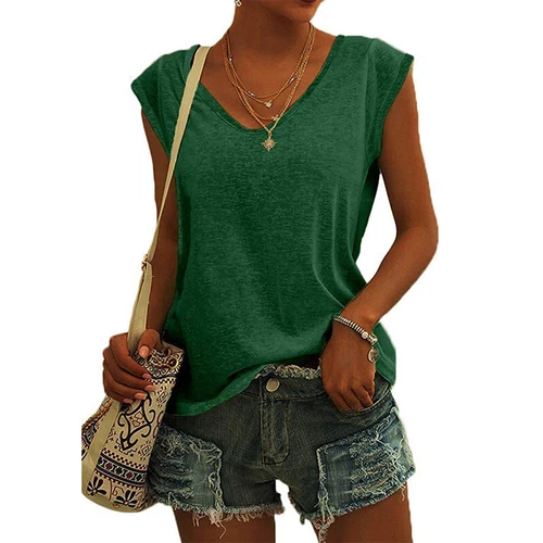 Women's V-Neck T-Shirt Casual Cap Sleeve Vest Solid Loose Blouse Fit Tank Tops - Picture 20 of 42