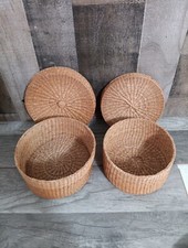 Set 2 Vintage Round Woven Nesting Lidded Baskets Boho Storage Natural