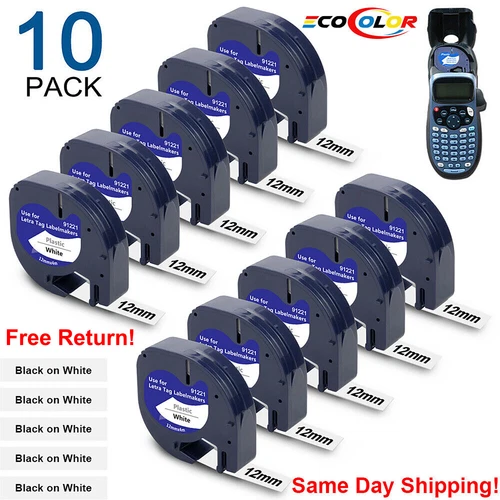 10PK Dymo Letratag Refill 91331 White Plastic 12mm Label Tape 1/2" LT-100H