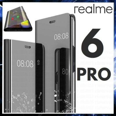 FLIP COVER FOR OPPO REALME 6 PRO BLACK MIRROR BOOK CASE CLEAR VIEW 360°