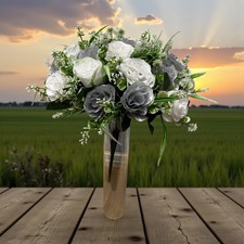 Mothers Day Artificial Bunches Of Flowers 35 White & Silver Roses Bunch