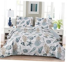 Summer Beach Bedspreads Set Seashell Conch Coverlet Sets King Blue White