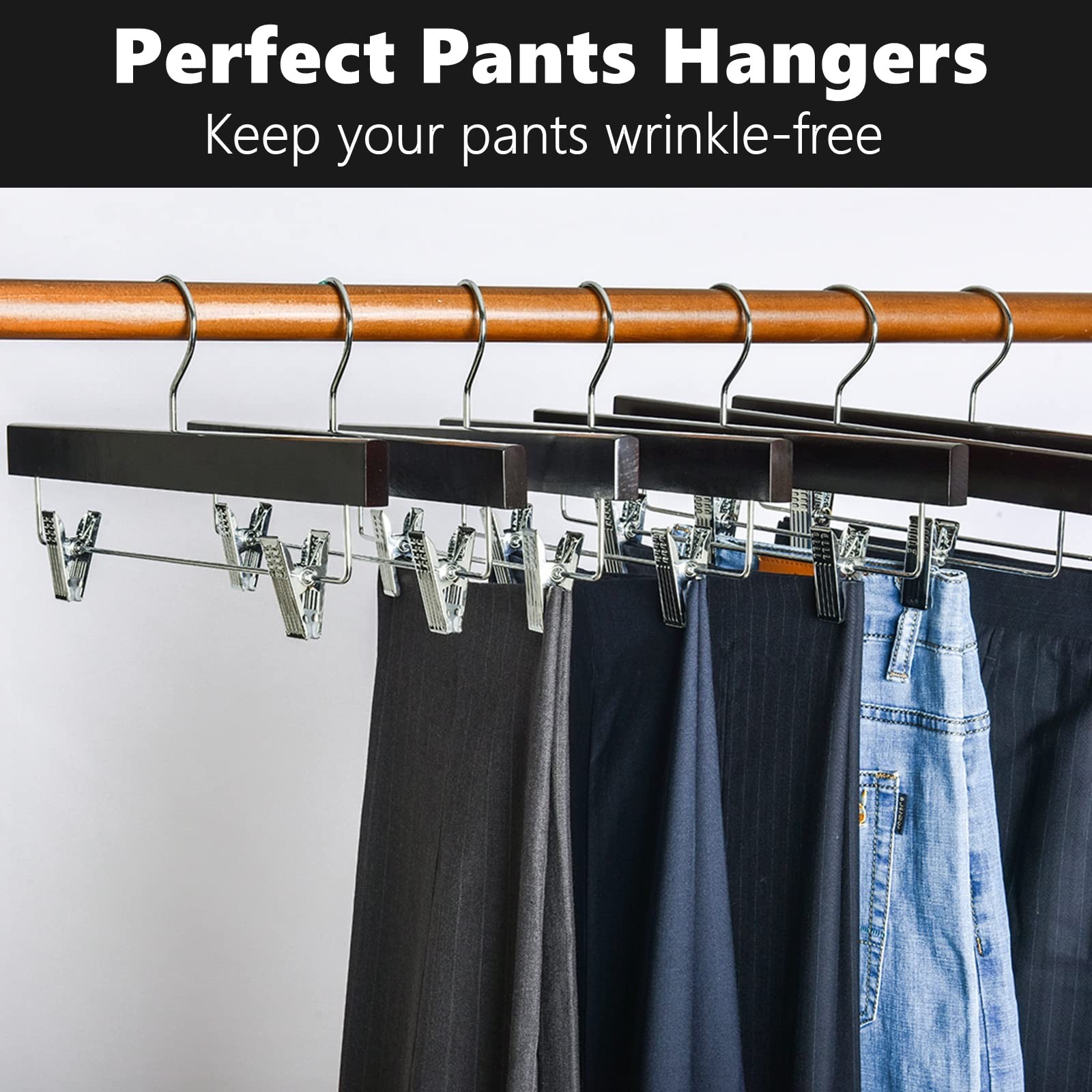 Retro Wooden Pants Hangers with 2-Adjustable Clips, Walnut Wood Skirt & Trouser