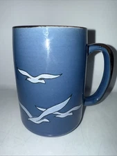 Vintage Tall Otagiri Style Coffee Mug Blue Seagull Beach Ocean Harbor 5” 20 Oz
