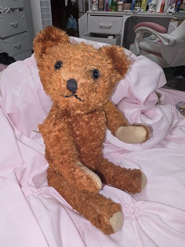 Antique Mohair 14" Teddy Bear Button Eyes Fully Jointed, Orange/brown