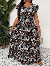 Fashionable Long Dress with Floral Print And Waist Tie for Plus-Size Women