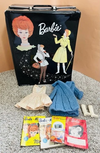 Vintage 1963 Barbie Black Mattel Doll Case Trunk Homemade Dress Jacket Boots