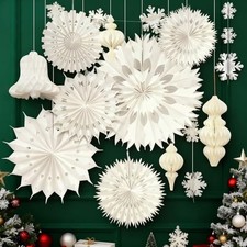Christmas Hanging Decorations Set, 3D Paper Honeycomb Ornaments White