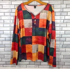 Shein Curve Blouse Womens 4XL Silky Henley Style Fall Autumn Colors Colorblock