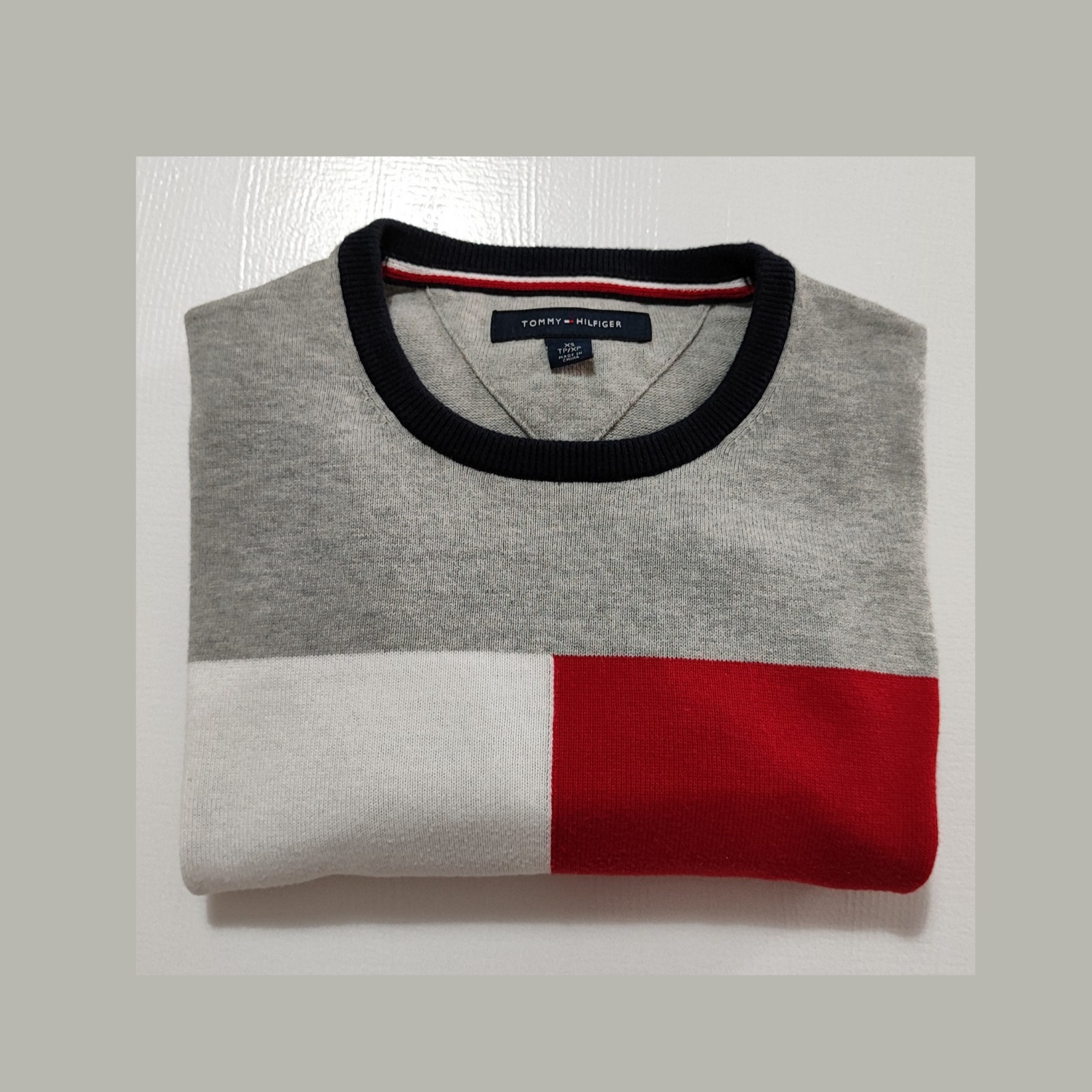 Maglione Tommy Hilfiger Donna XS Grigio Girocollo Color Block Bandiera