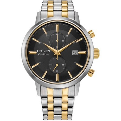 Citizen Men's Watch Eco-Drive Chrono Black Dial Two Tone Bracelet CA7064-52E