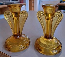 Bagley 30er Jahre Paar Art Deco Bernstein Glas Kerzenst&auml;nder Rutland Design