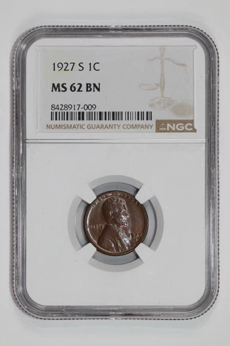 1927-S LINCOLN WHEAT CENT NGC MS62 BN