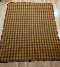 VTG LARGE Wool Throw Blanket Yellow Brown Plaid 68"x80.5" Satin Trim Checkered