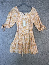 Shore Yellow Floral Puff Sleeve Mini Dress Belted NWT Size M Made in USA