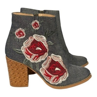 ANTHROPOLOGIE BILLY ELLA Floral Denim Ankle Bootie 3  Block Heel Size 6