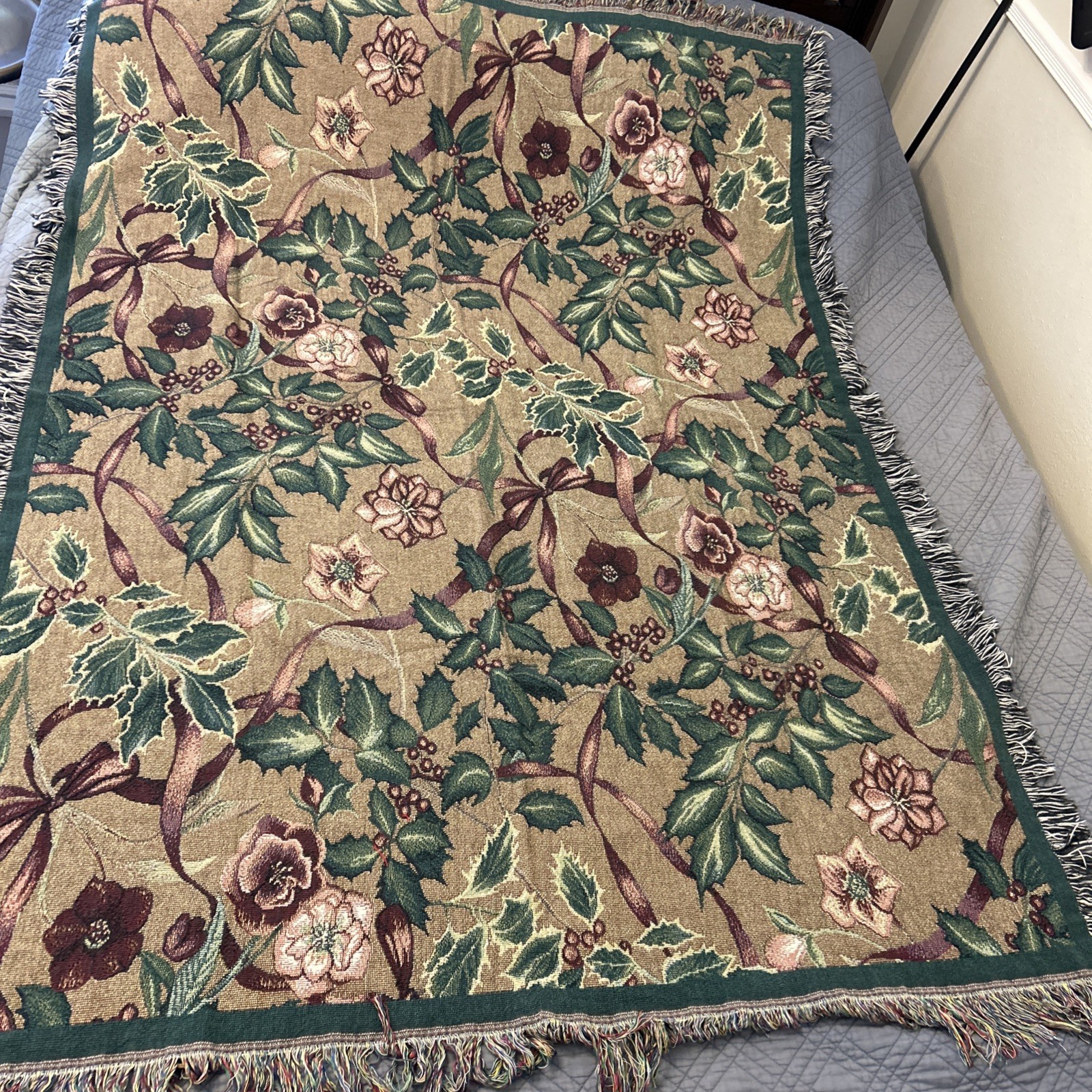 Vintage Botanical Floral Woven Tapestry Throw Blanket Fringe 48x64