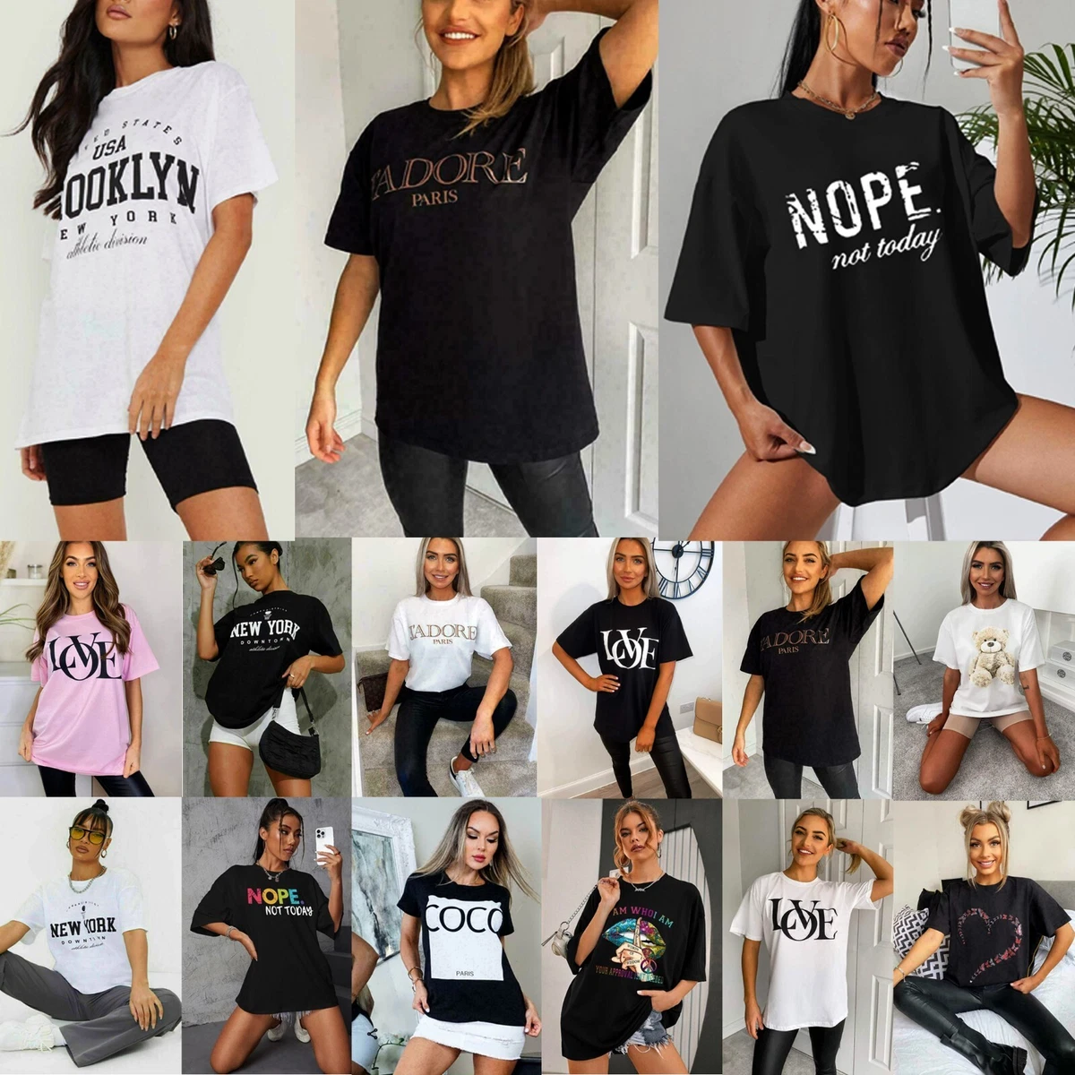 Womens Ladies Oversized Baggy Fit Short Sleeve Slogan T shirt Tee Tops UK