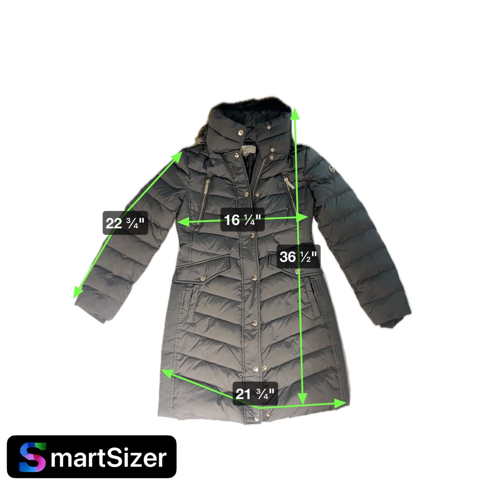 Giacca lunga Michael Kors Puffer nuova con cappuccio in pelliccia sintetica grigio taglia PXS