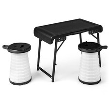 3-TLG Faltbar Campingtischset Tragbar Picknicktisch 2 ausziehbaren LED-Hocker