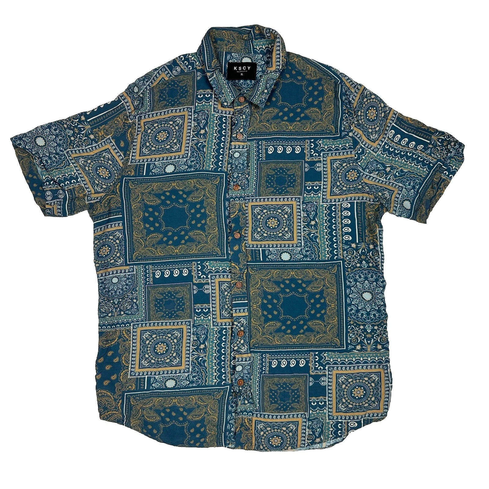 KSCY Kiss Chasey Relaxed Short Sleeve B/Up Shirt Size XL Blue Geometric Print