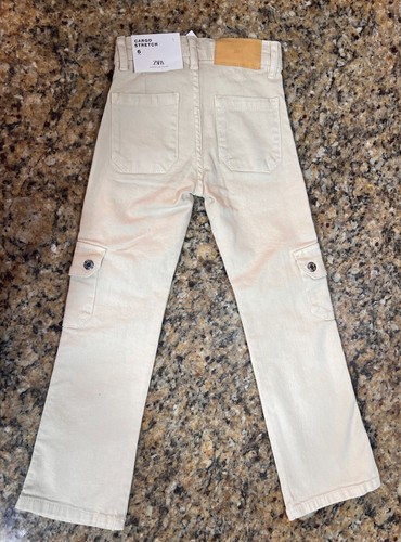 New - Zara Girls Tan Vanilla Denim Cargo Stretch Pants, Size 6 - Picture 3 of 3