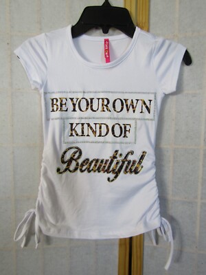 NIB Cute 4 U Girls White Polyester Ruche Side Sequin ''Beautiful'' Top Girl 6X