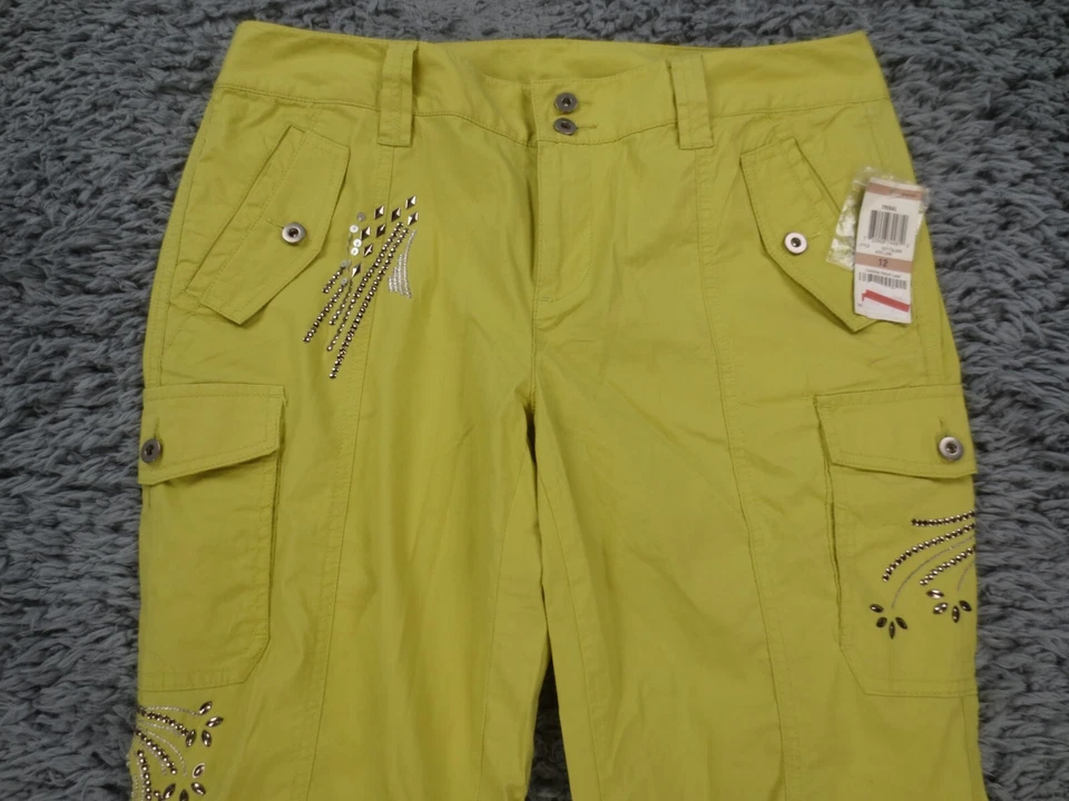 Pantalones capri INC International Concepts para mujer 12 amarillo verde con cuentas cargo corbata Foto 4 de 4