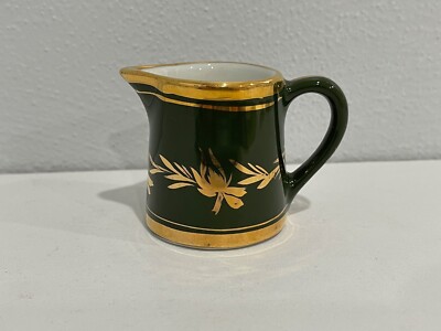 Vintage Shenango China New Castle Ceramic Miniature Creamer Green w/ Gold Dec.