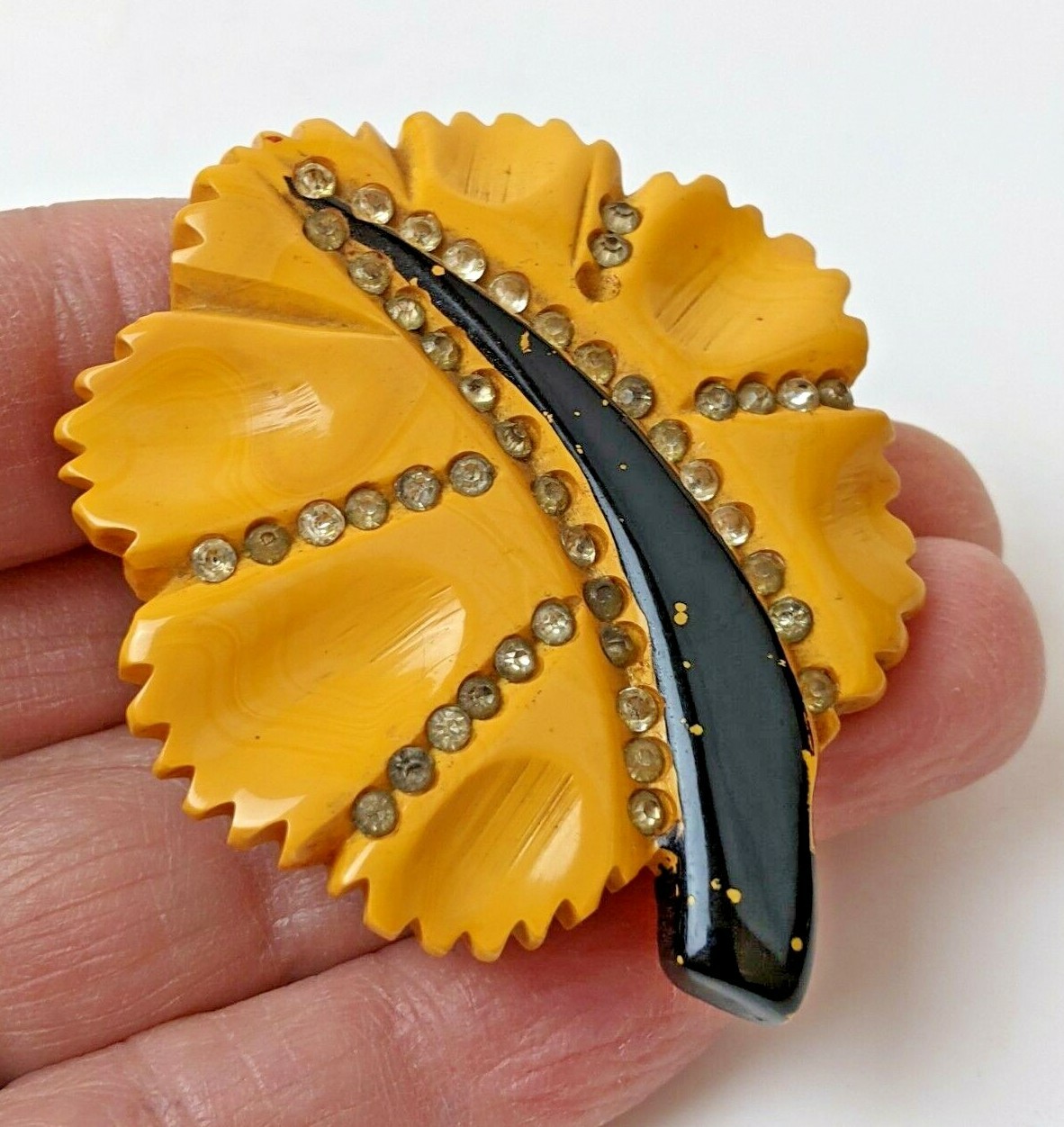 Carved Bakelite Rhinestone Imbedded Brooch Pin Hand Painted Butterscotch