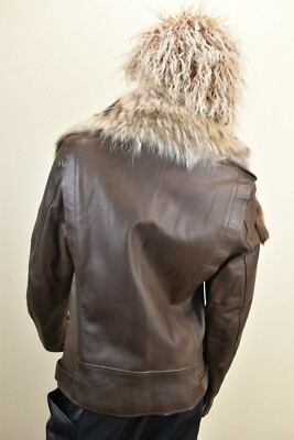 $3650 BALMAIN BROWN DISTRESSED LEATHER RACCOON FUR BIKER ZIP