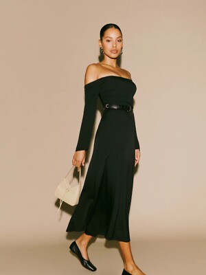 reformation black off the shoulder dress REFORMATION Black Ballari Long Sleeve Off the Shoulder Smocked Midi Dress 6  NEW