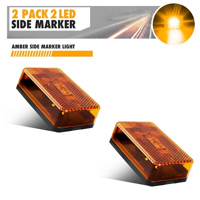 2Pcs 3x2 Square Amber LED Marker Light 2 Diodes Surface Mount Waterproof Clear