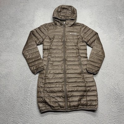 Columbia Flash Forward Long Down Jacket Women Small Brown Coat Full Zip Hooded