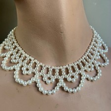 White Faux Pearl Scalloped Bib Statement Collar Hook Clasp Necklace Vtg 1950s
