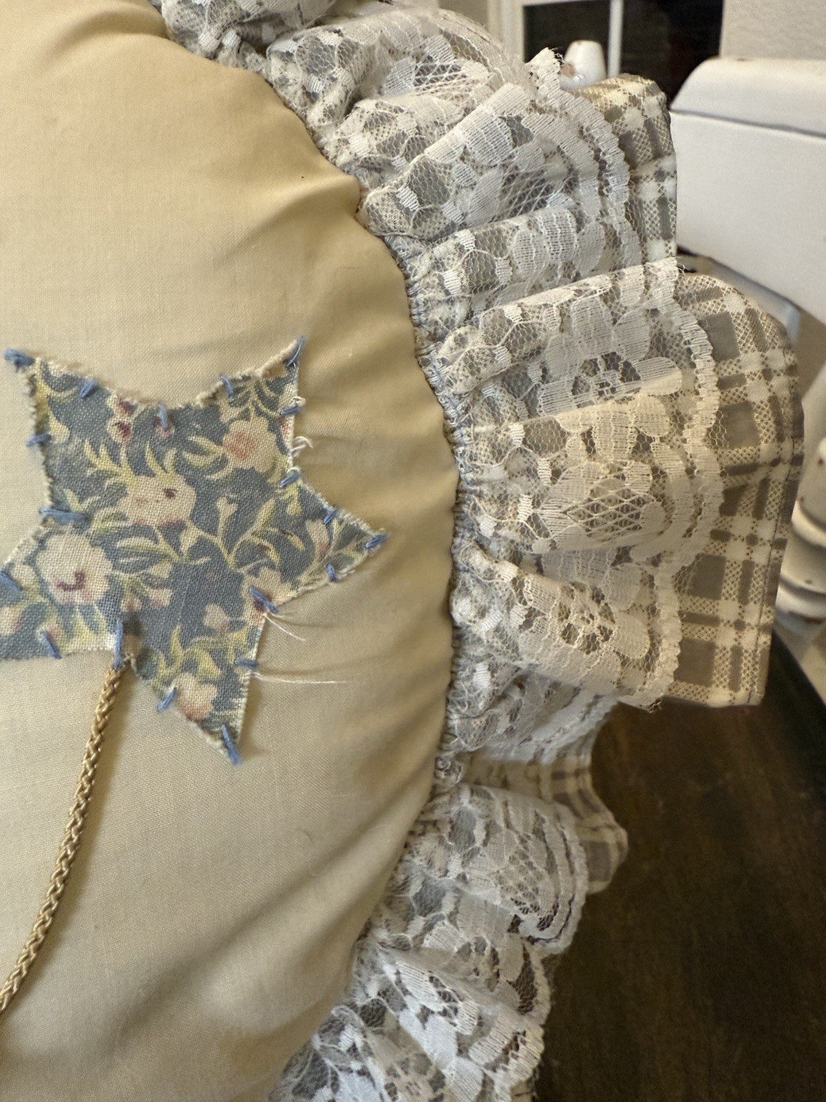 Vintage Country Angel Pillow 20x16 Handmade Lace Ruffle Farmhouse Décor