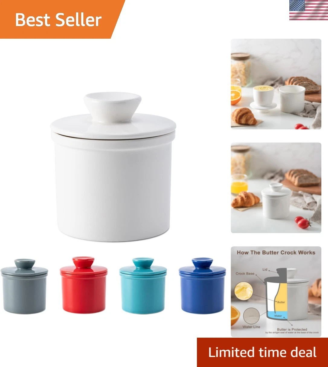 Butter Crock With Water Line for Countertop, French Dish With Lid, Ceramic Ke...