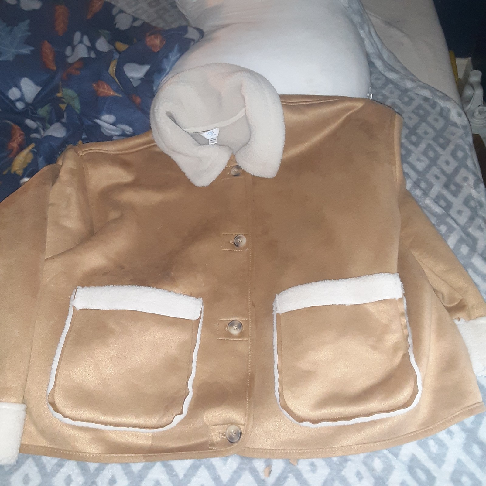 Beige Shearling Trim Button-Up Collared Jacket wi… - image 1