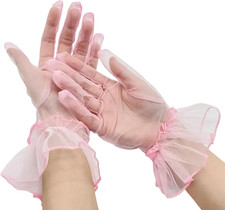 Tulle Gloves Short Ruffled Short Mesh Gloves with Pearls Elegant Tea Party Costu