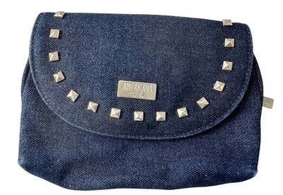 Americana by Sharif Purse Handbag Blue Denim Studded Clutch Coin Zip Close 1980s