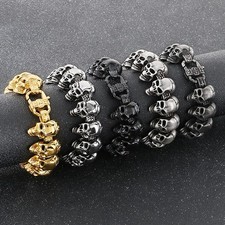 Fashion Gothic Skull Head Beads Link Mens Stainless Steel Bracelet Bangle 8.66"