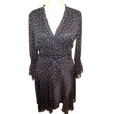 Tahari ASL dress black & white polka dot chiffon wrap style office party Sz 10