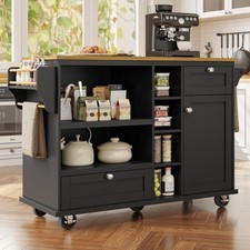 Kitchen Island Rolling Trolley Storage Cabinet with 2 Drawers and Cupboard Black