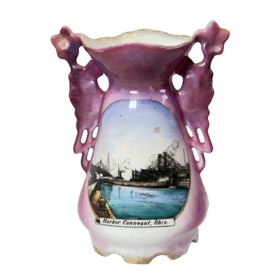 HARBOR CONNEAUT , OHIO OH Antique German Bohemia Porcelain Pink Vase Souvenir