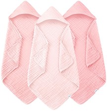 3 PCS Muslin Hooded Baby Bath Towels 100 Cotton UltraSoft 32x32 Inch Pink