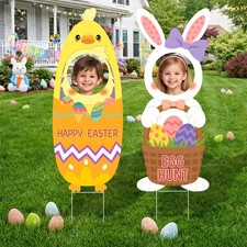 Large Easter Yard Signs 2pcs with Stakes Bunny Chick Egg Hunt Decorations Outdoo